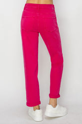 RISEN Women's Comfortable High Waist Rolled Hem Straight Jeans - Stretch Denim
